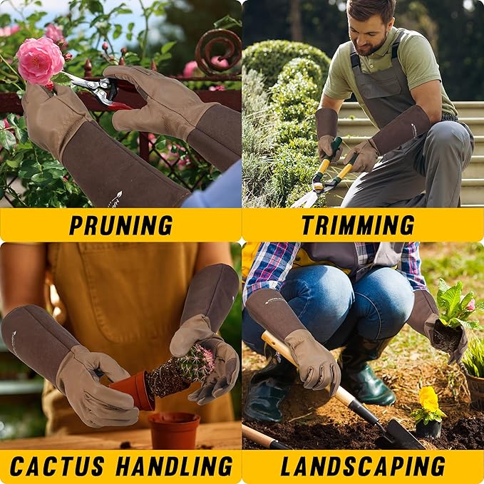 HANDLANDY Long Gardening Gloves for Men & Women, Cowhide Leather Rose Pruning Gloves- Breathable & Durable Gauntlet Glove (Small, Brown)-VerdiqueGarden