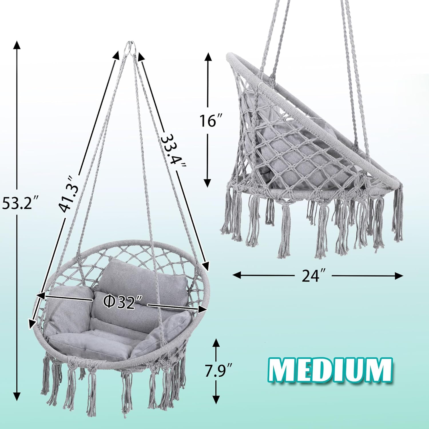 Macrame Hammock Hanging Swinging Chair with Medium Cushion, Perfect for Bedroom, Porch, Adults, Balcony, Grey-VerdiqueGarden