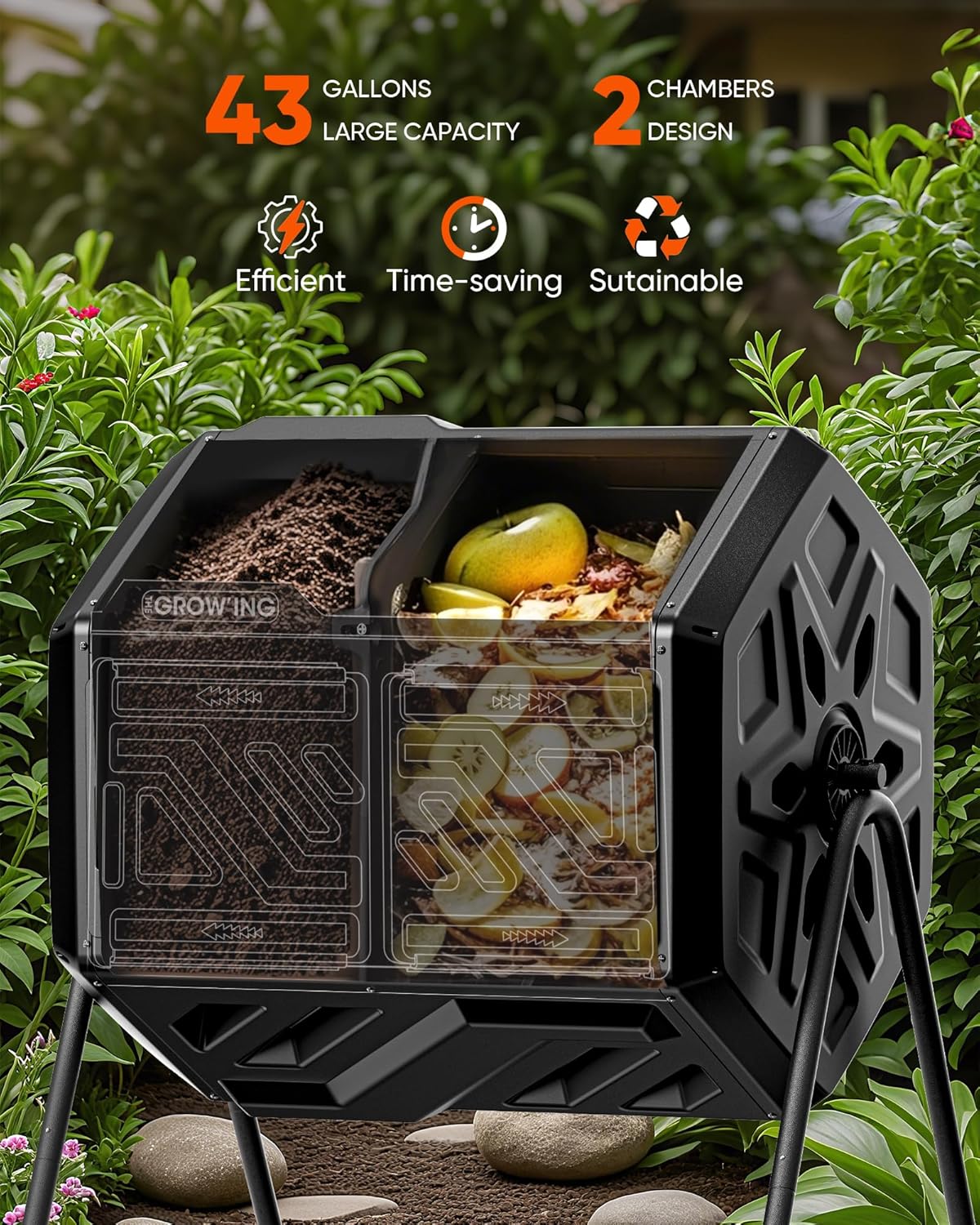 THEGROW'ING Updated 43 Gallon Compost Bin Outdoor, Fast Assemble Tumbling Composter, Dual Chamber Composter Tumbler, Rotating Compost Bin for Outside, Backyard, Garden and Yard, Black-VerdiqueGarden