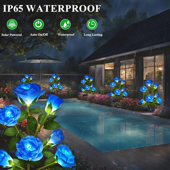 1 Pack Solar Garden Lights Outdoor, 7-Flower Rose Solar Lights for Yard, LED Solar Powered Stake Lights for Patio Pathway Lawn Fence Cemetery, Blue-VerdiqueGarden