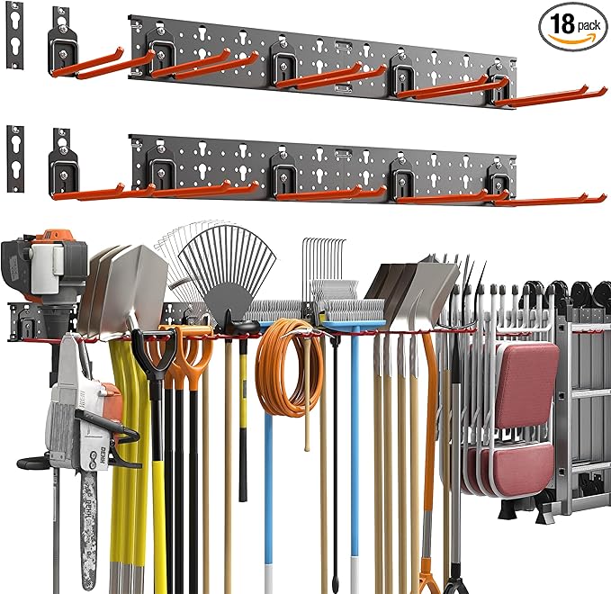 TORACK Garden Tool Organizer Wall Mount, Garage Folding Chair Storage Rack, Tools Rack for Shovels, Rakes, Broom, Ladders, Hooks for Keyhole Style Shelving Unit-VerdiqueGarden