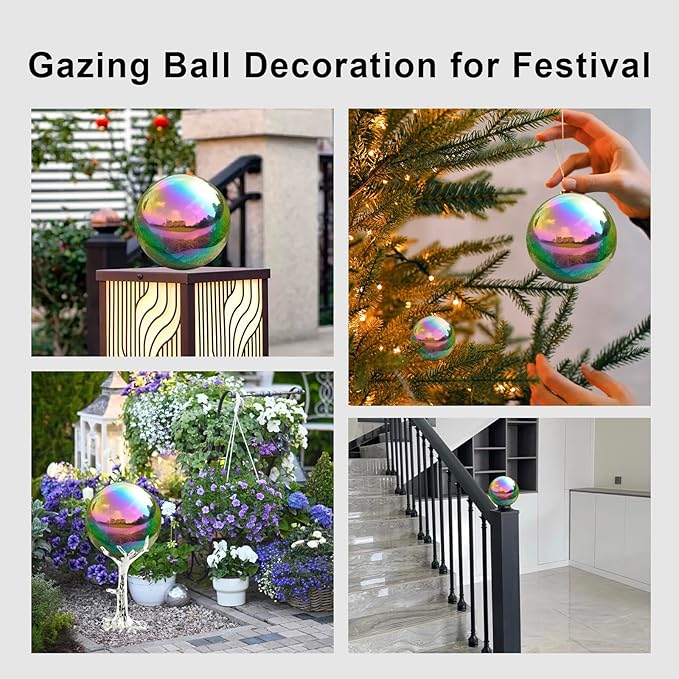 Nerien Gazing Ball, Stainless Steel Garden Mirror Globe, Polished Ornament Sphere, Hollow Floating Reflective Hemisphere, for Home Outdoor Pond Housewarming Swimming Pool Decoration, Rainbow, 8Pcs-VerdiqueGarden