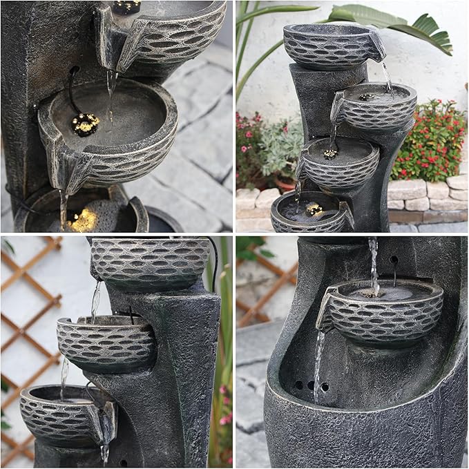 35.83''H Indoor Outdoor Modern Water Fountain 6-Tiers Garden Cascading Fountains Curve Shape Floor Standing Waterfall Water Feature with LED Light for Yard Deck Patio Home Art Decor-VerdiqueGarden