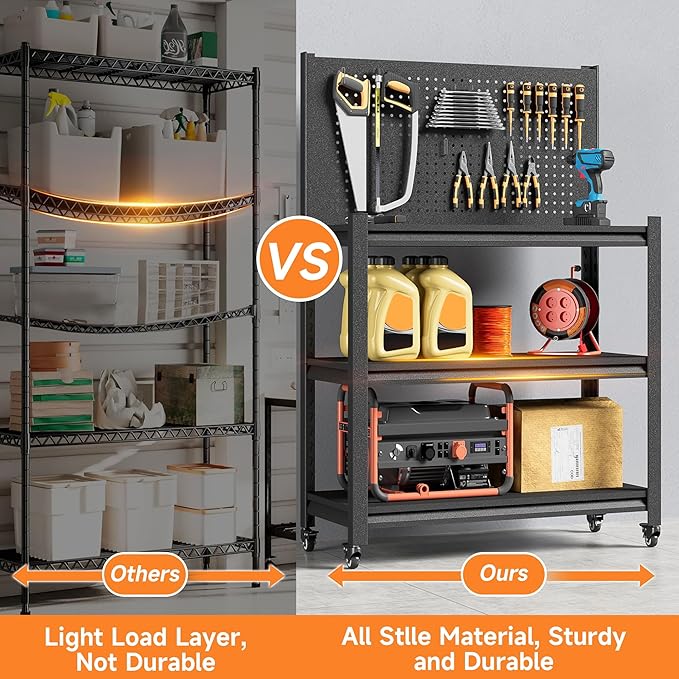 Workbench with Pegboard, Adjustable Heavy Duty Work Table with Wheels, Heavy Duty Workstation, Metal Tool Work Bench for Garage Warehouse Workshop, 48" H x 18" D x 34" W, Black-VerdiqueGarden