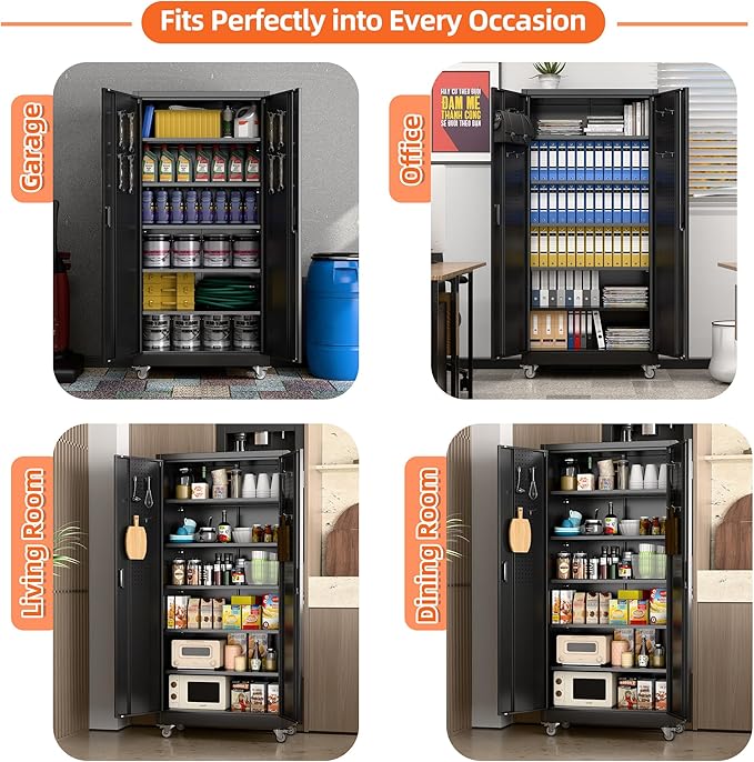 71" H×32" W×16" D Garage Storage Cabinet with Wheels, Locking Metal Storage Cabinet with 5 Adjustable Shelves, 4 Hooks and Pegboard for Garage, Home Office, Kitchen, Black, Assembly Required-VerdiqueGarden