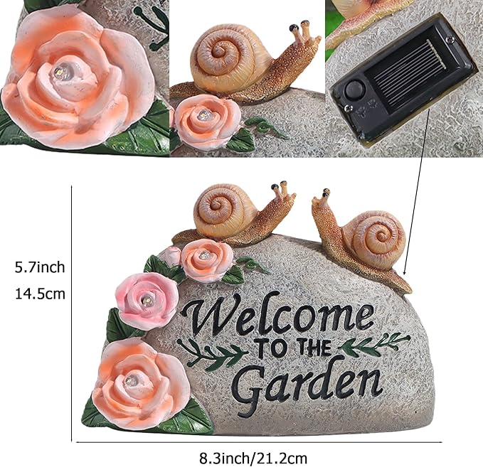 Snail Garden Statue Outdoor Decor Art Solar LED Light Welcome Sign Sculpture Auspicious Snail Resin Figurine Yard Porch Patio Lawn Decorations Housewarming Gifts for Mom Grandma Women-VerdiqueGarden