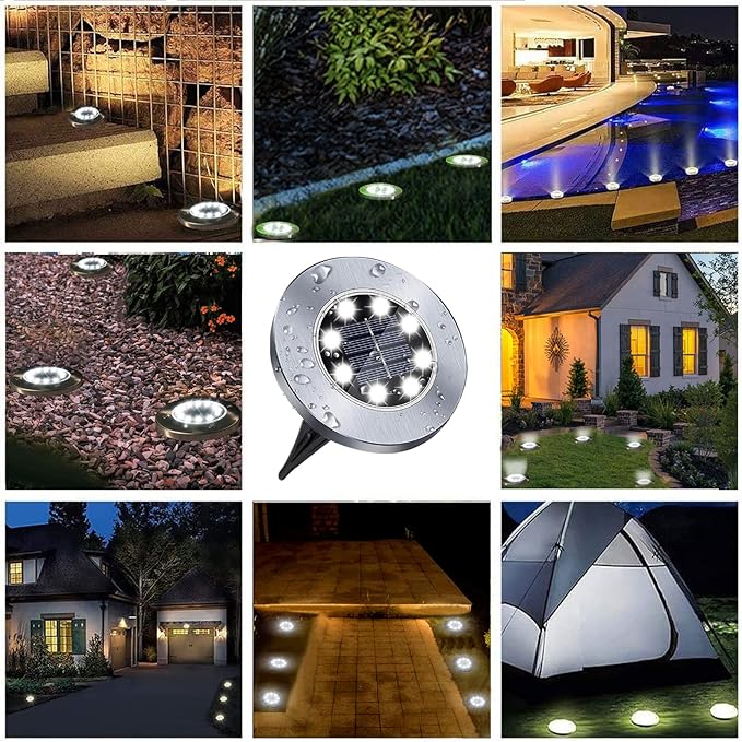 Solar Ground Lights, 4 Pack 8 LED White Solar Pathway Lights, Waterproof, Modern, Outdoor, In-Ground, Garden, Path, Deck, Lawn, Patio, Walkway-VerdiqueGarden