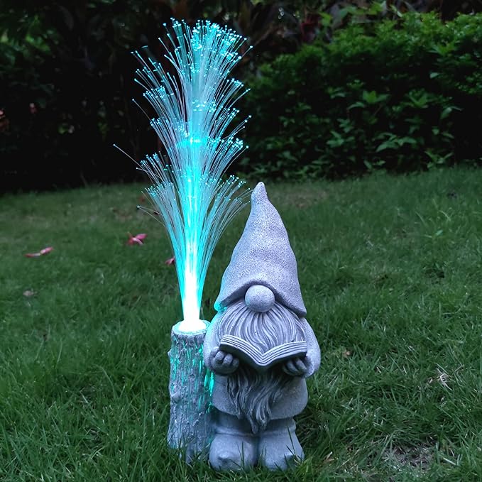 Gnomes Statue Solar Garden Decor,Resin Gnome Statues and Colour Changing Optical Fiber Solar Lights,Outdoor Decoration for Balcony, Garden, Patio, Yard, Lawn, Gifts for Mom Grandma-VerdiqueGarden