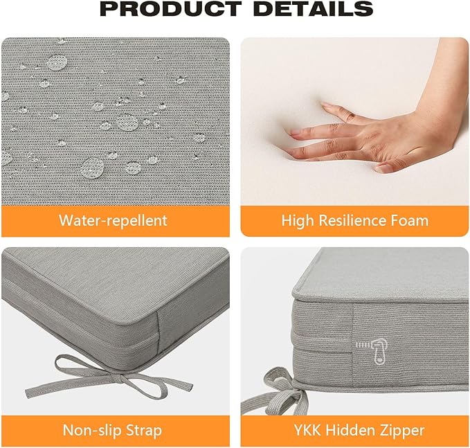 Sunbrella Square Corner Seat Cushions, 18.5" x 16" x 3", Set of 4, Indoor Outdoor Water Repellent Universal Chair Pads with Ties for Patio Furniture, Garden Dining Chairs, Specrtum Pebble-VerdiqueGarden