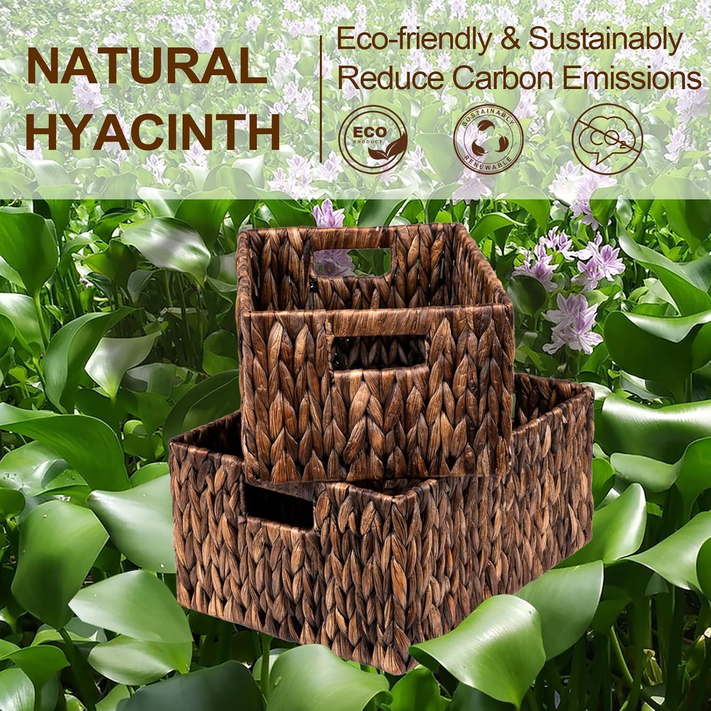 FairyHaus Wicker Basket with Handle 2Pack-15x11x7" & 13.4x9.5x6.5", Brown Water Hyacinth Wicker Baskets for Storage, Natural Hand Woven Baskets for Organizing-VerdiqueGarden