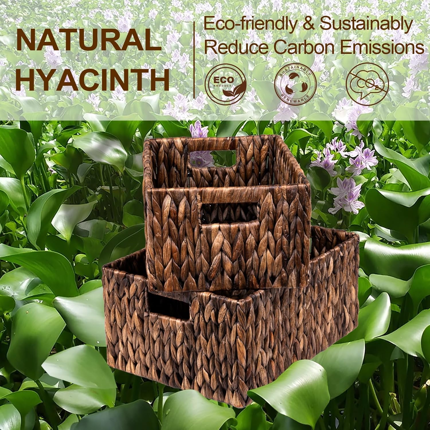FairyHaus Wicker Basket with Handle 2Pack-15x11x7" & 13.4x9.5x6.5", Brown Water Hyacinth Wicker Baskets for Storage, Natural Hand Woven Baskets for Organizing-VerdiqueGarden