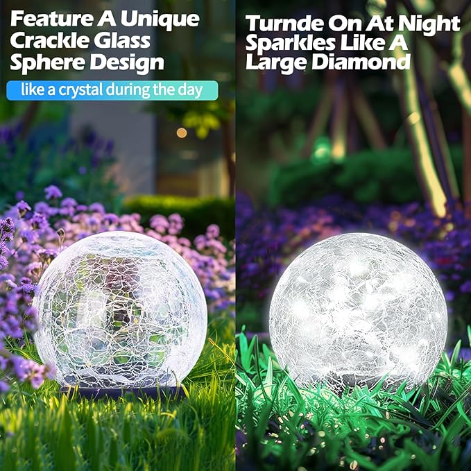 Garden Solar Ball Lights Outdoor Waterproof, 80 LED Cracked Glass Globe Solar Power Ground Lights for Path Yard Patio Lawn, Outdoor Decoration Landscape White (2 Pack 5.9'')-VerdiqueGarden