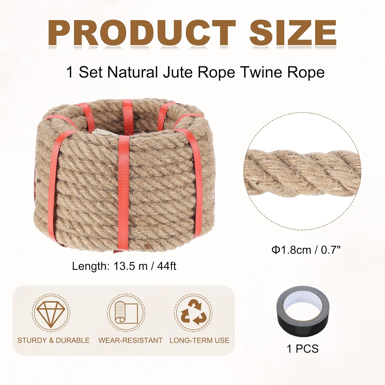 MECCANIXITY Jute Rope 0.7 Inch x 44ft, Thick Twine Rope Ropes Braided Jute Twine Natural Brown Burlap Cord String Heavy Twisted with Tape for Decorative Crafts Railing Swing Tug of War-VerdiqueGarden