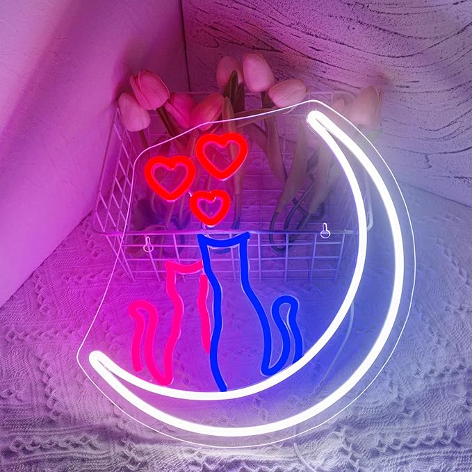 Two Cats on Moon Neon Sign,Cute Couple Kittys Neon Lights for Wall Decor,Kawaii Animal 3D LED Neon,USB Light Up Signs for Girls Bedroom Bar Home Party Valentine's Day Cat Lovers Weddings-VerdiqueGarden
