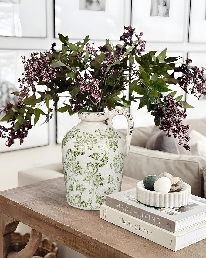 Ceramic Rustic Farmhouse Vase, 9 inch Ceramic Green and White Vase for Centerpieces Pampas Grass Pottery Jug with Handle Boho Chinoiserie Decor Vintage Vases for Living Room Kitchen Dinner Table Shelf-VerdiqueGarden