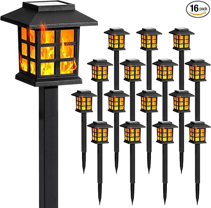 GIGALUMI Solar Lights for Outside,16 Pack Flickering Flame LED Solar Outdoor Lights, Waterproof Solar Garden Lights Maintain 10 Hours of Lighting for Christmas, Garden, Landscape, Path, Yard, Patio-VerdiqueGarden