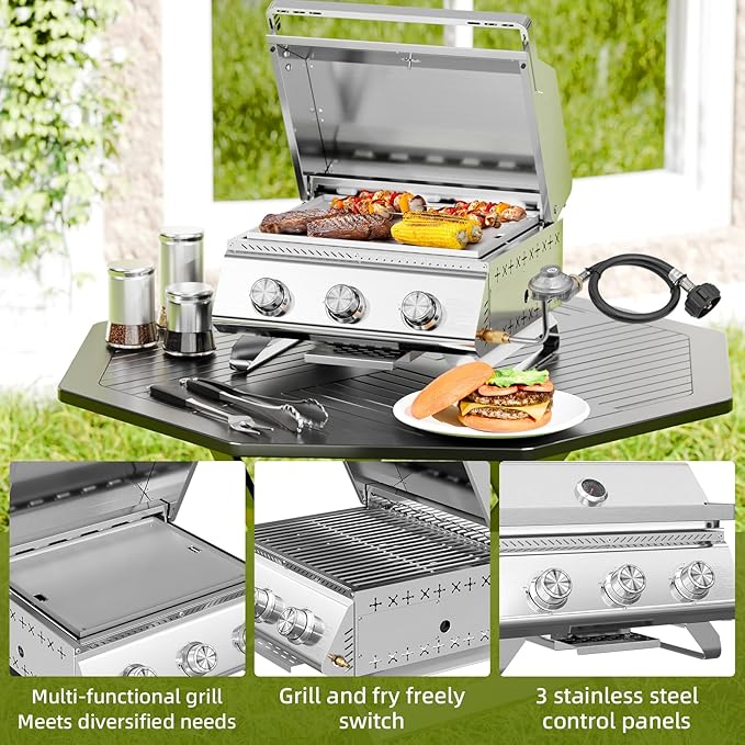 3-Burner 24,000 BTU Portable Flat Top Propane Gas Grill, Heavy-Duty Stainless Steel 2-in-1 Tabletop Grill and Griddle Combo for Commercial BBQ, Outdoor Cooking, Camping,Tailgates & Backyard-VerdiqueGarden