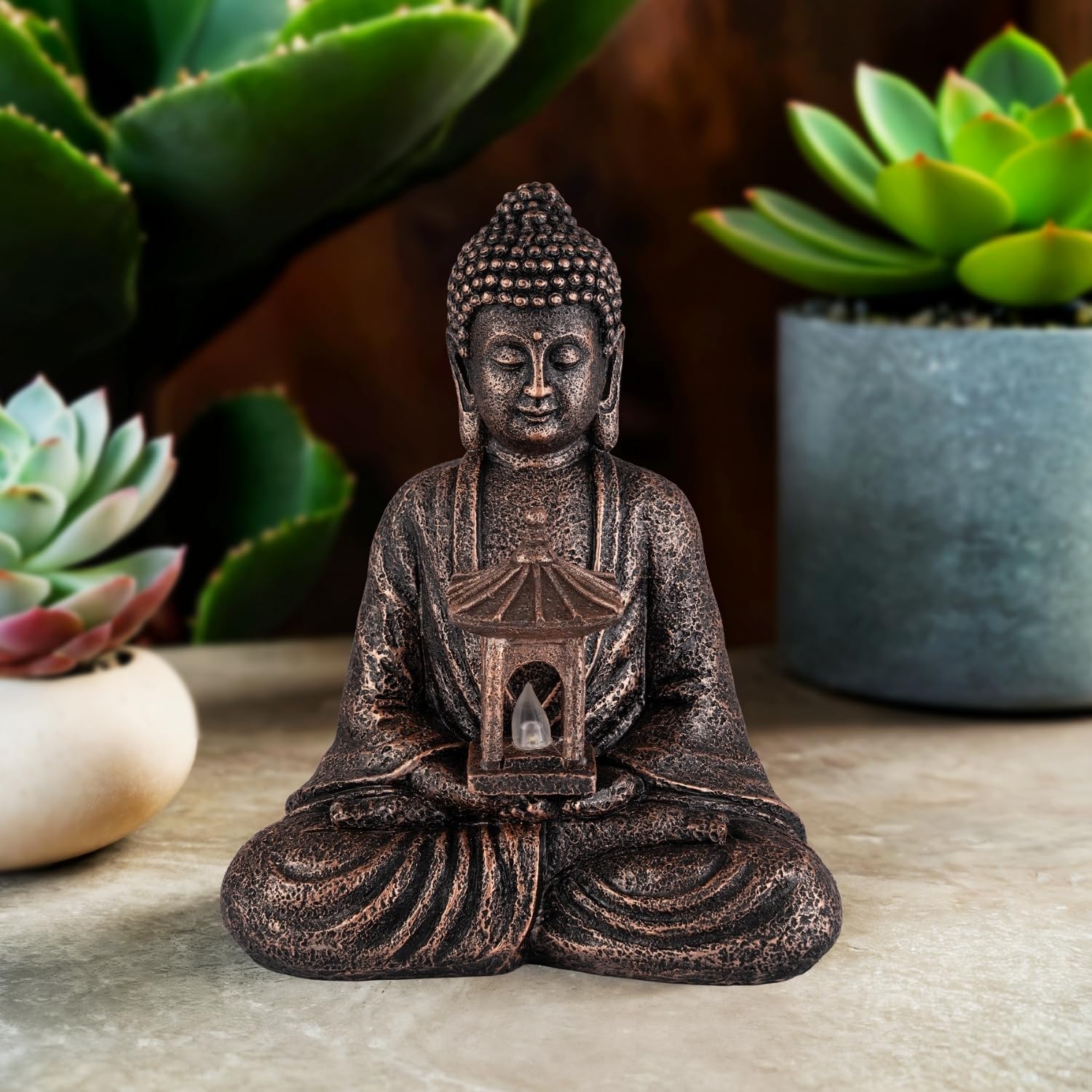 Buddha Garden Statue with Solar Light, Resin Zen Decor for Outdoor Patio or Indoor Meditation, Spiritual Gift for Women and Friends (Copper Pavilion)-VerdiqueGarden