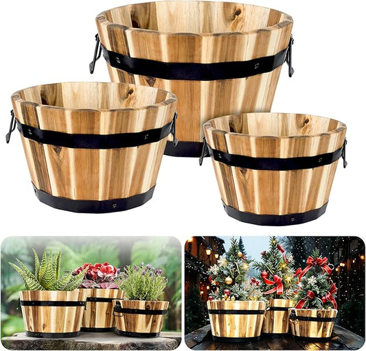 Idzo Set of 3 Wooden Flower Boxes Outdoor, Durable Acacia Wood Barrel Planters for Outdoor Plants with Ergonomic Handles, Drainage Holes, Multiple Sizes Wood Bucket Planter for Home Decor-VerdiqueGarden