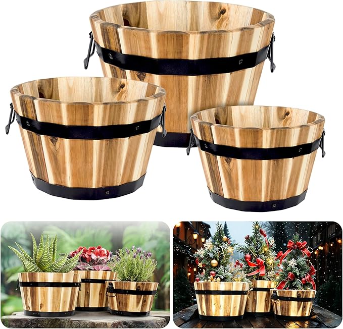 Idzo Set of 3 Wooden Flower Boxes Outdoor, Durable Acacia Wood Barrel Planters for Outdoor Plants with Ergonomic Handles, Drainage Holes, Multiple Sizes Wood Bucket Planter for Home Decor-VerdiqueGarden