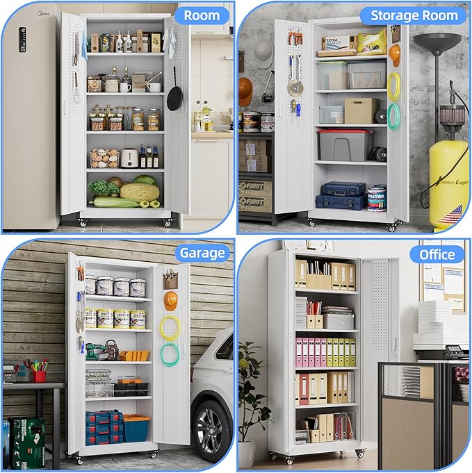 73" H Metal Garage Storage Cabinet with Wheels & Pegboard,Rolling Tool Cabinet with 2 Doors and 4 Shelves for Garage,Home,Office,Warehouse,Workshop, Required-Assembly,White-VerdiqueGarden