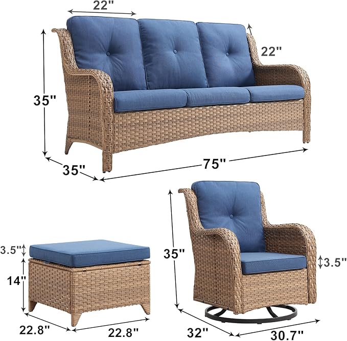 Outdoor Wicker Patio Furniture Set - 5 Piece Rattan Patio Conversation Set with 2 Rocking Swivel Chairs,2 Ottomans and 1 Sofa for Porch Deck Backyard Garden(Yellow/Blue)-VerdiqueGarden