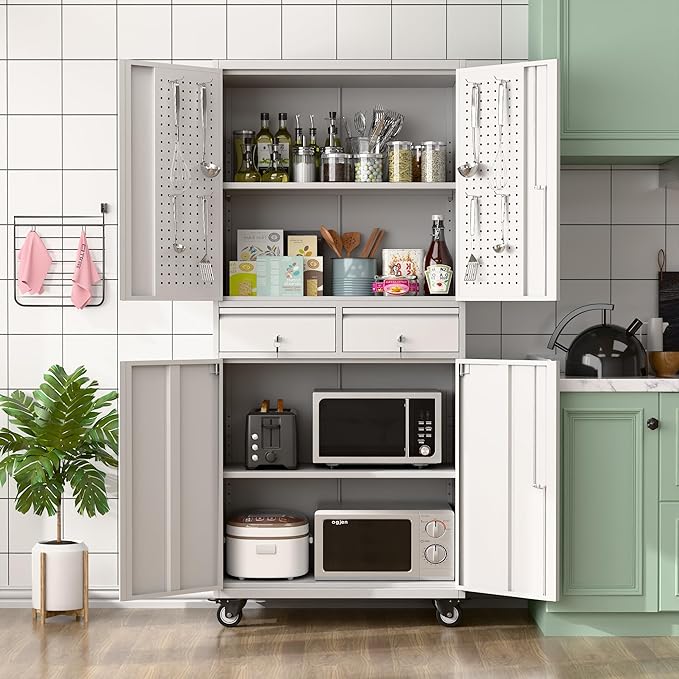 Metal Garage Storage Cabinet with Locking Doors and 2 Adjustable Shelves, Rolling Tool Storage Cabinet with 4 Wheels and 2 Drawer for Garage, Warehouse, White and Gray, Assembly Required-VerdiqueGarden