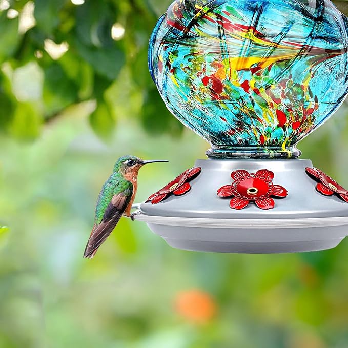BOLITE Hummingbird Feeder, Hand Blown Glass Hummingbird Feeders for Outdoors Hanging, with Ant Moat and 5 Feeding Ports, 22 Ounces, Peony Flower Shape, Blue, Gifts for Women Men, Gifts for Mom Dad-VerdiqueGarden