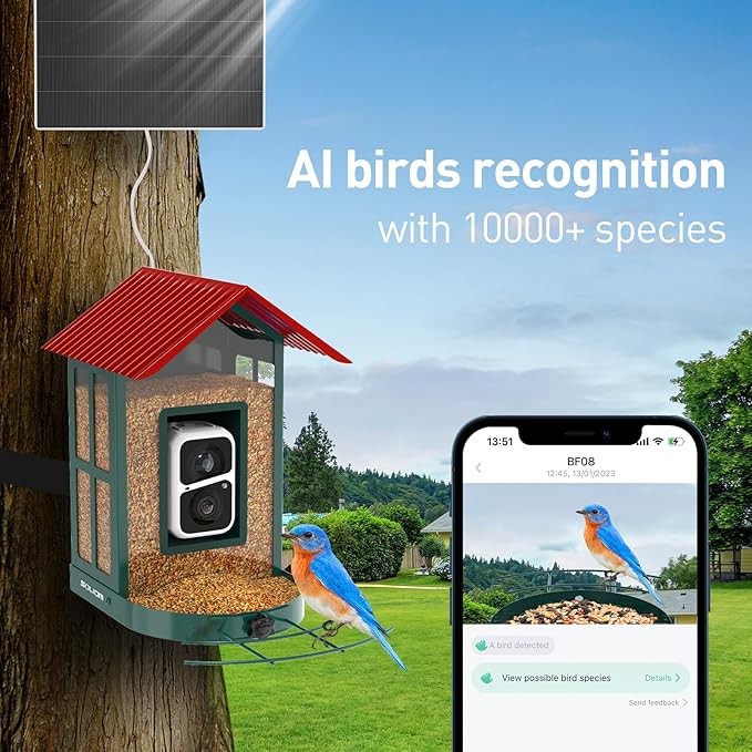 SOLIOM Solar Bird Feeder with Camera for Outdoors - AI Smart Birdhouse, 2K Live View & Instant Alerts, Squirrel Proof - Perfect Bird Watching Gift (Red)-VerdiqueGarden