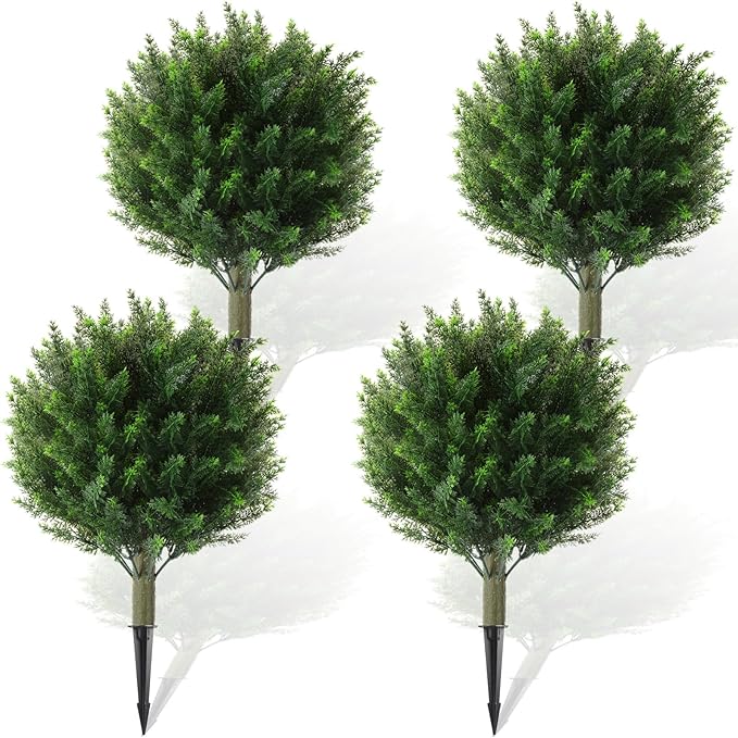Yunlly 4 Pcs Artificial Cedar Topiary Ball Fake Tree 18" Bush Front Porch Decor Artificial Shrubs for Outdoors Faux Cypress with Ground Spike, Evergreen Plants for Indoor Garden Patio, UV Resistance-VerdiqueGarden