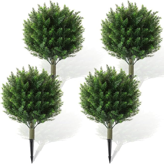 Yunlly 4 Pcs Artificial Cedar Topiary Ball Fake Tree 18" Bush Front Porch Decor Artificial Shrubs for Outdoors Faux Cypress with Ground Spike, Evergreen Plants for Indoor Garden Patio, UV Resistance-VerdiqueGarden