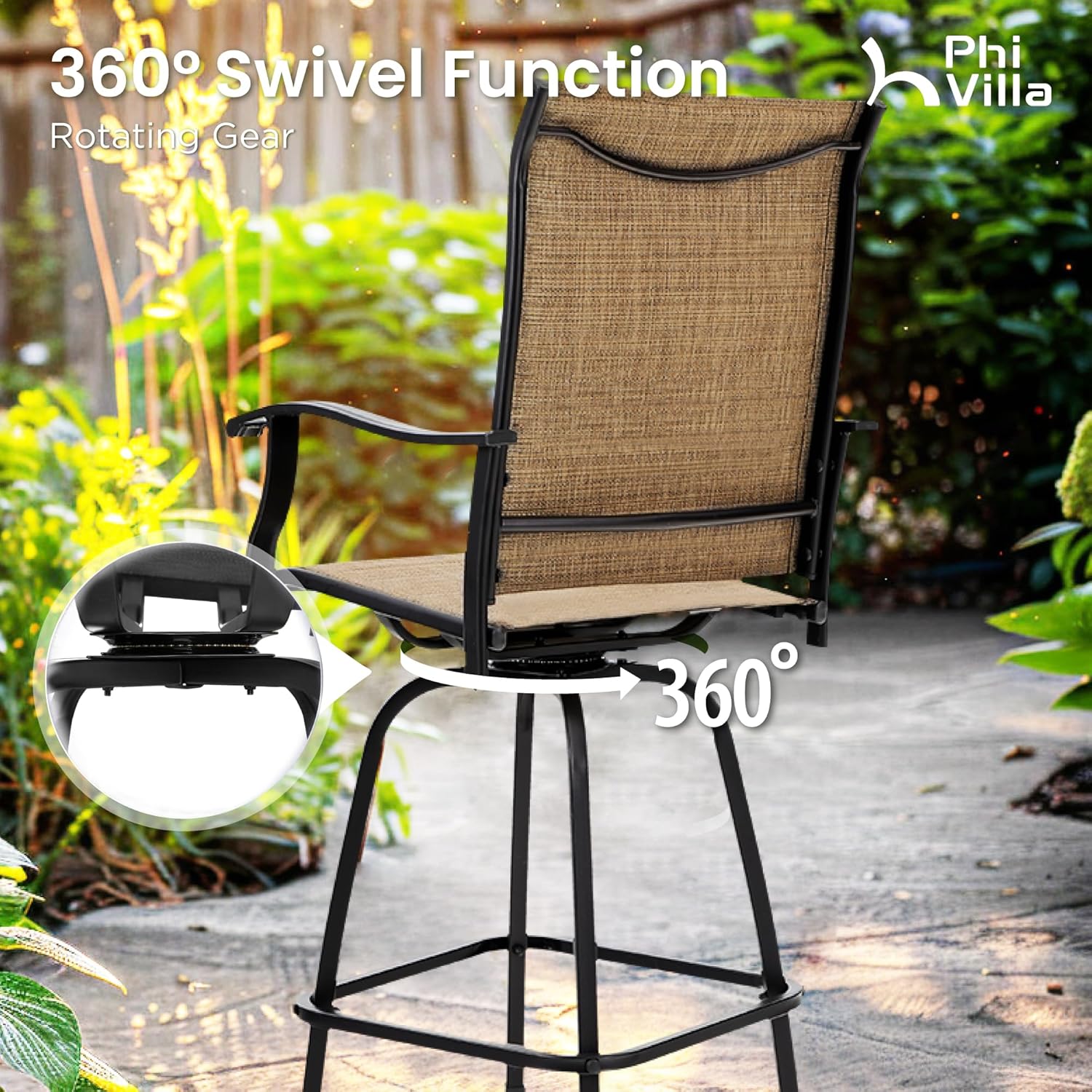 PHI VILLA Outoor Swivel Bar Stools Set of 6 with Armrest and Backrest, 30" Seat Height High Top Bar Height Patio Chairs, Brown Textilene Fabric-VerdiqueGarden