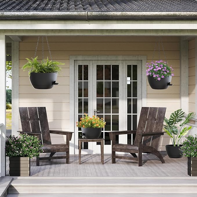 12 Inch Hanging Baskets 2 PC with Chains, Self-Watering Hanging Planters for Indoor Outdoor Plants, Plastic Hanging Flower Pots,Black-VerdiqueGarden