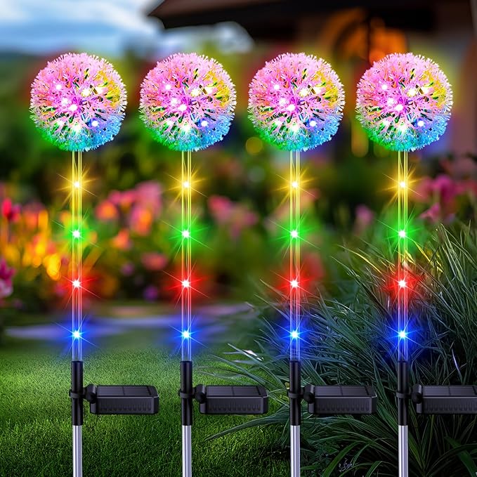 4 Pack Dandelion Solar Outdoor Lights Decorative with Colorful String Lights, Upgraded Waterproof Solar Garden Decor for Yard, Patio, Landscape Decoration-VerdiqueGarden