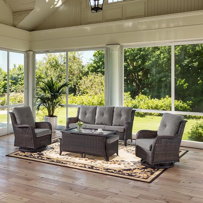 Wicker Outdoor Furniture Patio Furniture Set - 6 Piece Patio Conversation Set with Swivel Rocker Chairs, Rattan Sofa, Ottomans and Coffee Table, Gray Cushion-VerdiqueGarden