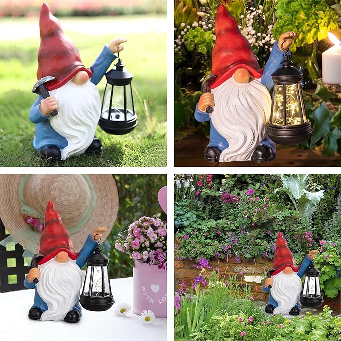 Garden Gnome Statue Solar Light Outdoor Decorations Figurine with Lantern Led Shovel Sculpture Lawn Patio Yard Porch Outside Christmas Housewarming Gifts for Women Mother's Day Grandma-VerdiqueGarden