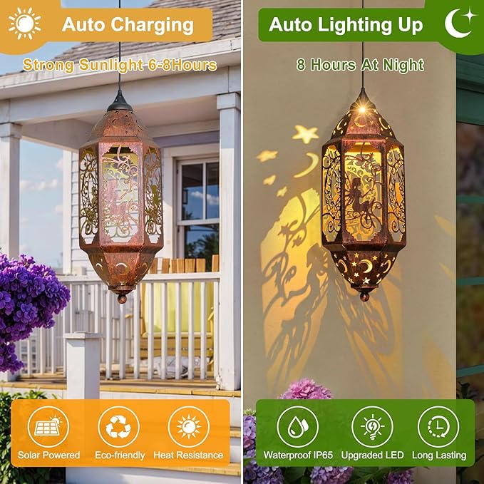Go2garden 12.4" Outdoor Solar Lanterns Waterproof Garden Gifts Women, Moon Fairy Statue Solar Haning Lights for Patio, Yard Decorations, Mothers Day Gifts for Mom, Grandma(2Pack, Red Copper)-VerdiqueGarden