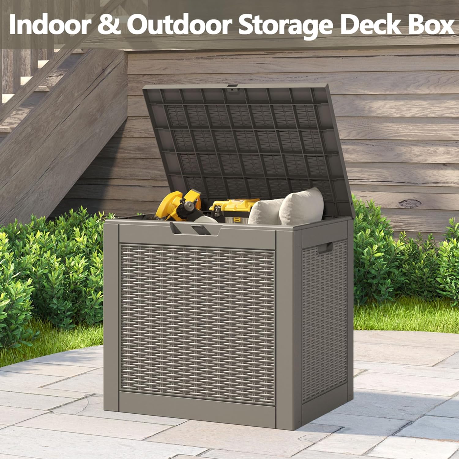 Deck Box, 31 Gallon Resin Outdoor Storage Box, Waterproof and UV Resistant Lightweight Storage Deck Box for Garden Tools, Supplies-VerdiqueGarden