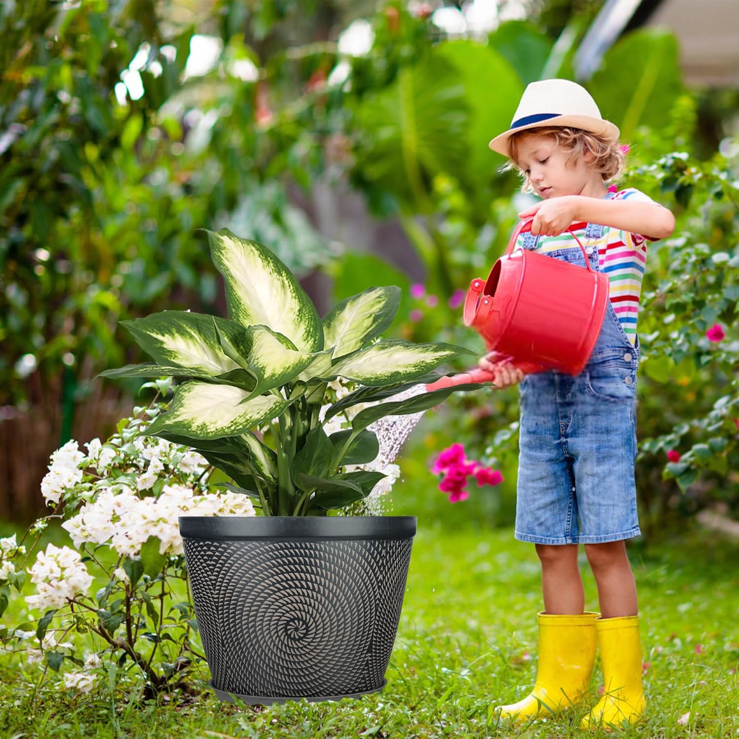 Quarut 15 Inch 4 Pack Large Plant Pots, Plastic Flower Pot for Indoor & Outdoor with Drainage Holes & Saucer, Circle Pattern Planters Garden Pots for Herbs-VerdiqueGarden