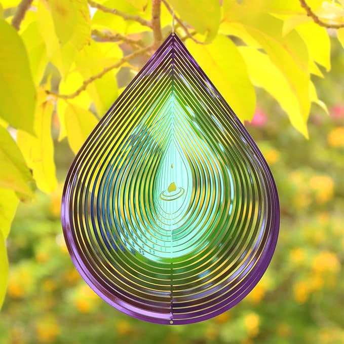 Wind Spinner Garden Indoor Outdoor Decor 3D Stainless Steel Metal Hanging Decorations, 3D Water Droplets Pattern Metal Wind Sculptures & Spinners Whirligig Gifts with 12inch(Green&Purple)-VerdiqueGarden