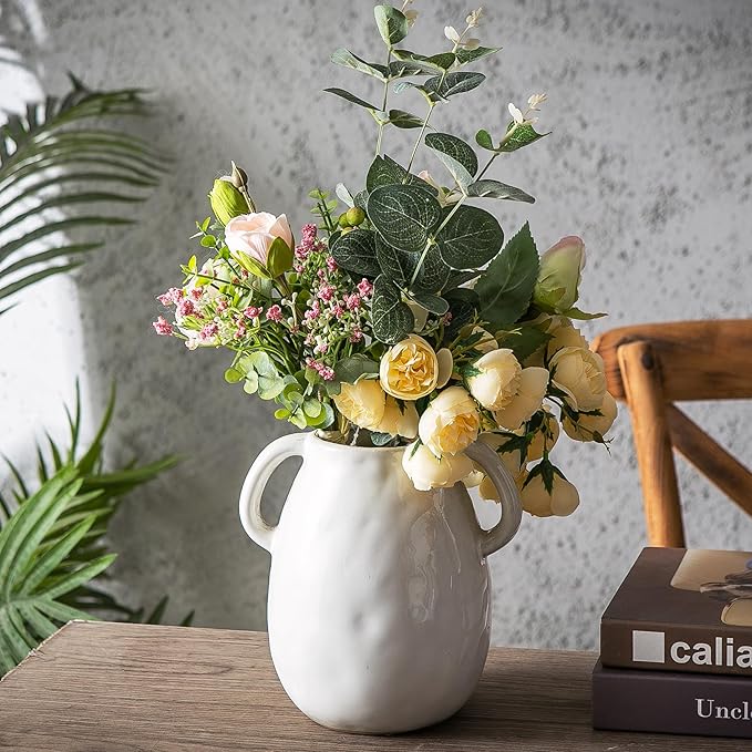 Kimdio White Ceramic Vase with 2 Handles, Modern Farmhouse Vases for Home Decor, Rustic Pottery Vase, Decorative Terracotta Flower Vase, Clay Small Vase, Centerpieces for Dining Table-VerdiqueGarden