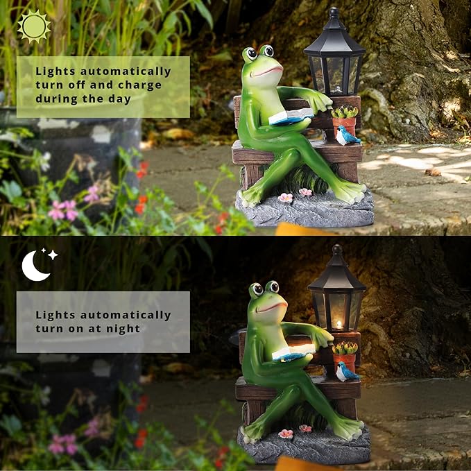 Outdoor Resin Reading Frog Statues, Solar Frog Garden Statues, Garden Frogs Outdoor Decor for Lawn, Balcony, Yard Decoration, Frog Gifts for Mom, Grandma, Wife-VerdiqueGarden