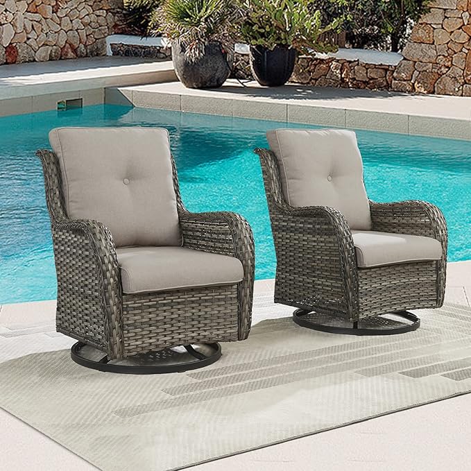 Outdoor Patio Swivel Rocker Chairs - Wicker Rattan Patio Swivel Rocking Chairs Set of 2 with High Back,Deep Seating and Comfort Cushions for Deck Porch Garden,Mixed Grey/Grey-VerdiqueGarden