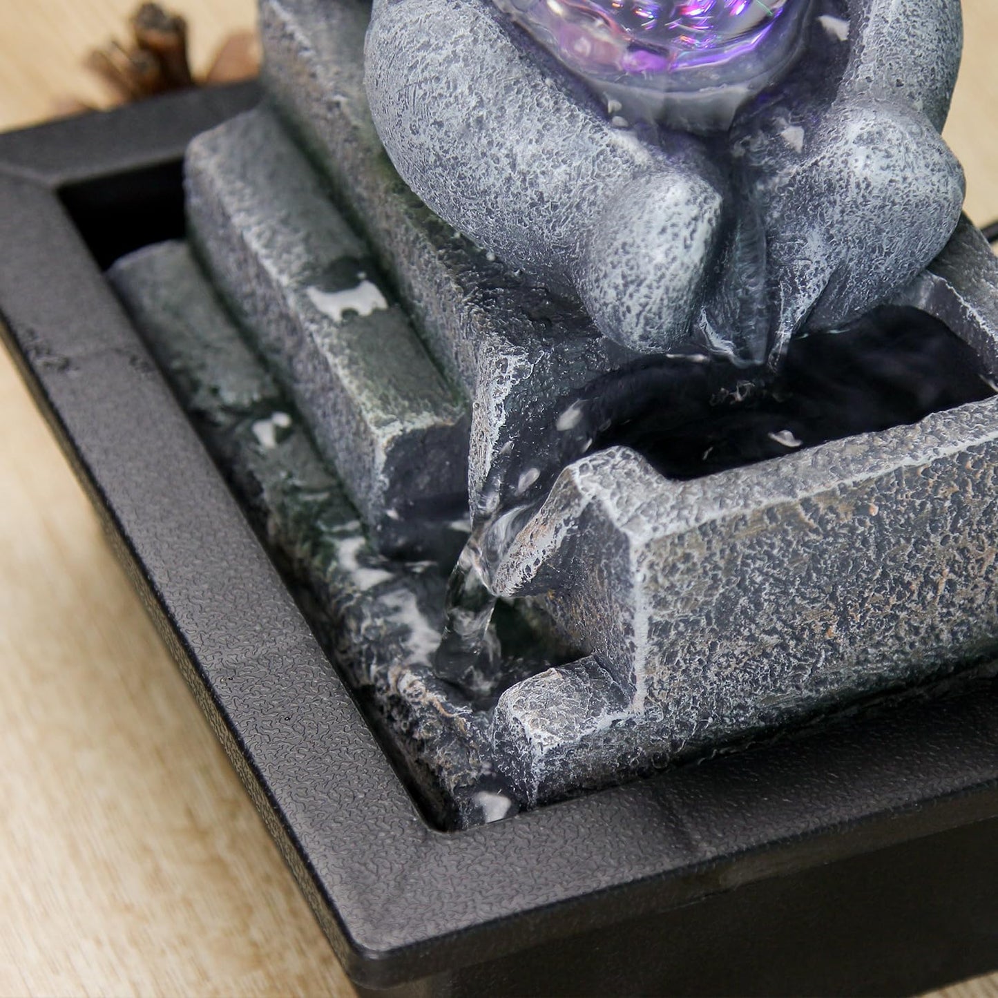 Cascading Rock Tabletop Fountain, Cute Bear Indoor Waterfall Fountain with Colored LED Lights and Rolling Ball, 3 Tiered Desktop Fountain for Office Home Bedroom-VerdiqueGarden