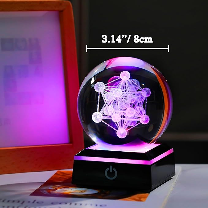 Qianwei 3D Metatron's Cube Crystal Ball with LED Colorful Lighting Touch Base - Flower of Life Night Light - Grid Sacred Geometry Sphere for Meditation Decor Spiritual Decor-VerdiqueGarden