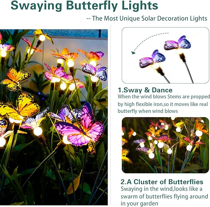 TONULAX Solar Garden Lights - Swaying Butterfly Light, Swaying in The Wind, Solar Outdoor Lights, Yard Patio Pathway Decoration, High Flexibility Iron Wire & Realistic Butterflies(4 Pack)-VerdiqueGarden