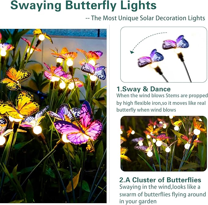 TONULAX Solar Garden Lights - Swaying Butterfly Light, Swaying in The Wind, Solar Outdoor Lights, Yard Patio Pathway Decoration, High Flexibility Iron Wire & Realistic Butterflies (6 Pack)-VerdiqueGarden
