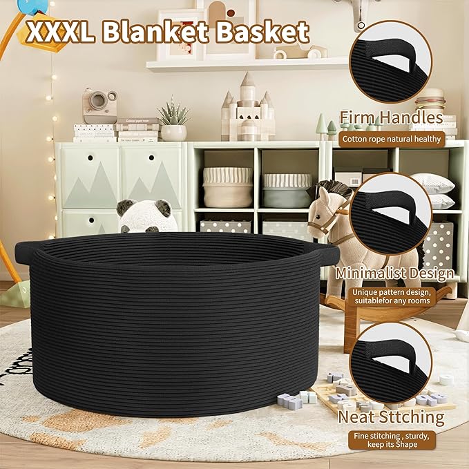 125L Extra Large Blanket Basket, 25" x 16", Jumbo Laundry Woven Baskets Decorative Home, Cotton Rope Basket with Handles, Baby Toy Baskets for Storage, Black, 2PC-VerdiqueGarden