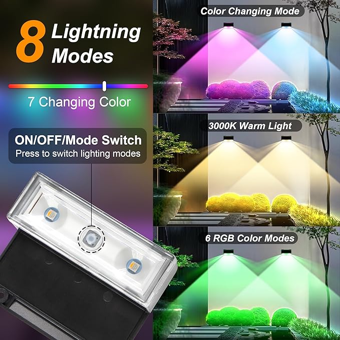 Ellasay Solar Fence Lights Outdoor: IP65 Waterproof RGB Solar Powered with 8 Lighting Modes - Wall Decor for Garden Deck Patio Backyard Balcony 6 Pack-VerdiqueGarden