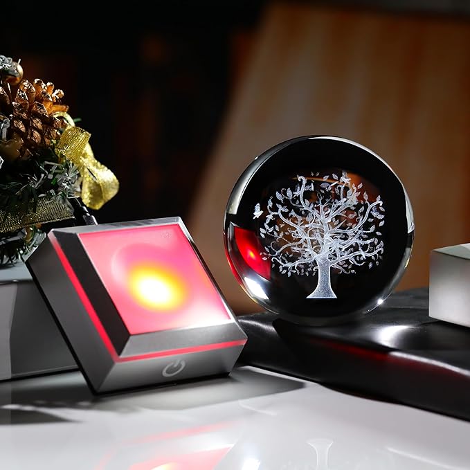 Qianwei 3D The Tree of Life Crystal Ball with LED Colorful Lighting Touch Base,Flower of Life Meditation Chakra Grid Night Light, Sacred Geometry Art Symbol for Spiritual Decor-VerdiqueGarden